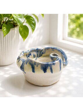 Handcrafted Vintage Ceramic Bowl With Blue & Yellow Glaze Finish Swirl Design 4"
